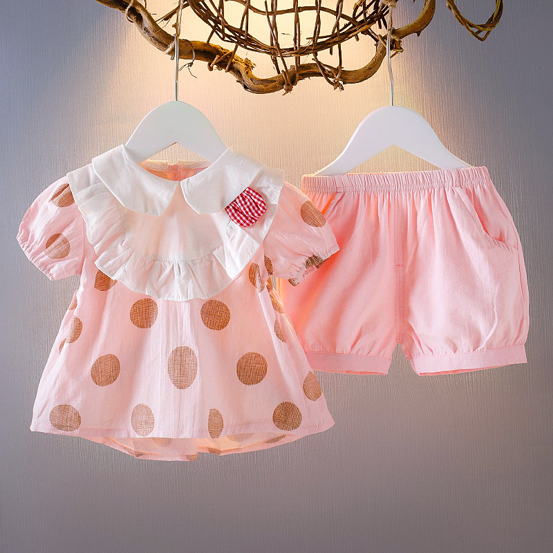 Female baby Summer short sleeve suit Two sets of 1-2-3-year-old girl foreign Xia dress suit infant summer load wave 4