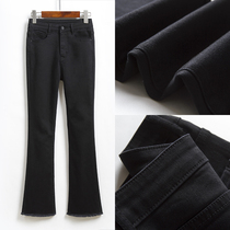 Black denim micro-lathe women ankle-length pants 2021 spring and autumn small man slim high burrs stretch trumpet trousers