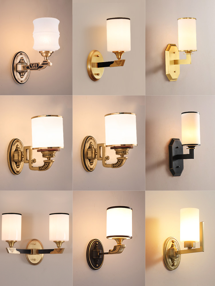 New Chinese style All copper wall lamp Living room background wall lamp Modern simple Chinese style Zen bedroom bed lamp 8935