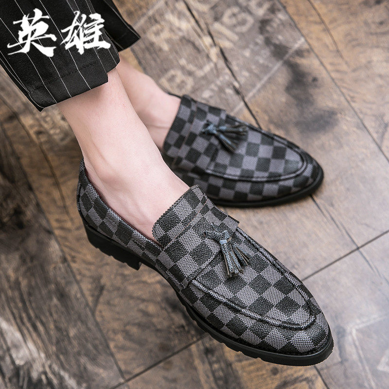 Pointed-toe tassel fashion leather shoes men's casual personality one-step Peas shoes British retro plaid men's shoes