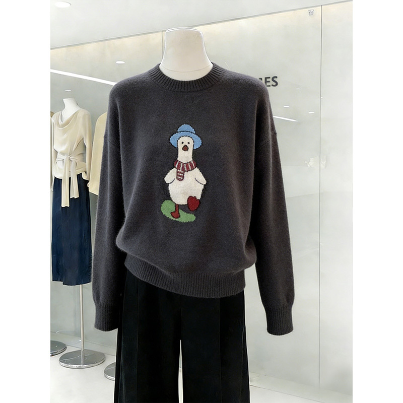 [Same Style as Offline Stores] Age-Reducing Cartoon Duck Sweater for Women, Loose and Lazy Style, Round Neck, Soft and Cozy Knit Top