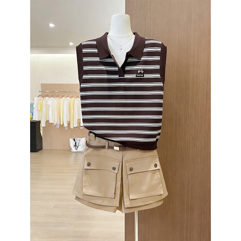 【Offline Store Same Style】Fashionable Embroidered Striped Lapel Sleeveless Knitted Vest for Women, Versatile Trendy Top