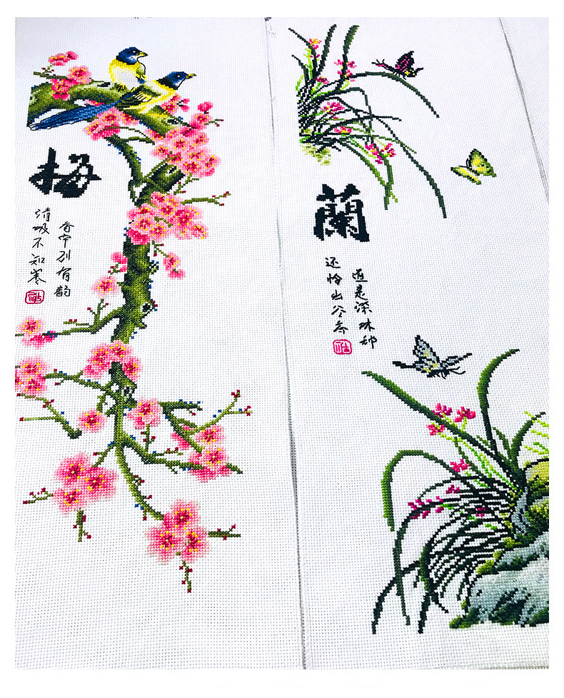 Готовая вышивка крестом 纯手工已绣好的春天埃及长绒棉十字绣成品中国风梅兰竹菊安格绣布