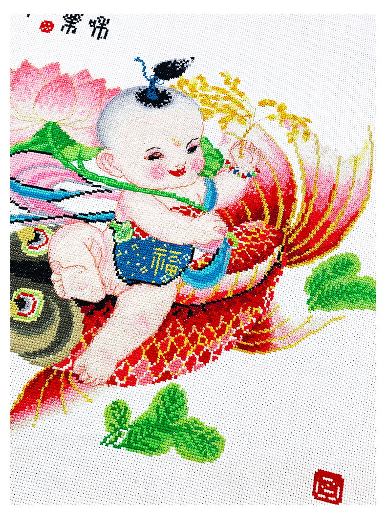 Готовая вышивка крестом 已绣好的纯手工春天埃及长绒棉十字绣成品年年有余中国风安格绣布