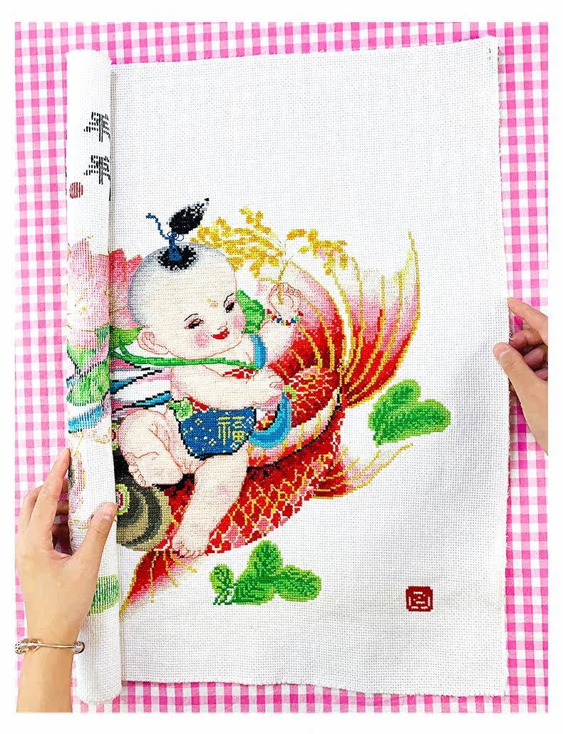 Готовая вышивка крестом 已绣好的纯手工春天埃及长绒棉十字绣成品年年有余中国风安格绣布