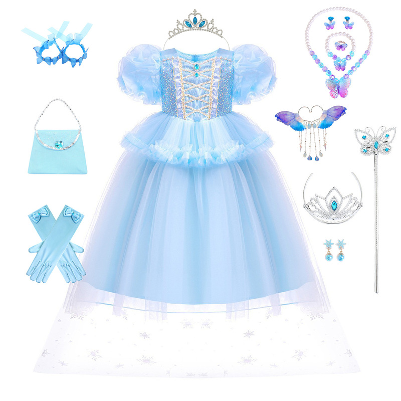 Girls Cinderella Princess Dress Puff Sleeve Cape Floor-Length Skirt Elsa Dress Children's Day Performance Costume Summer