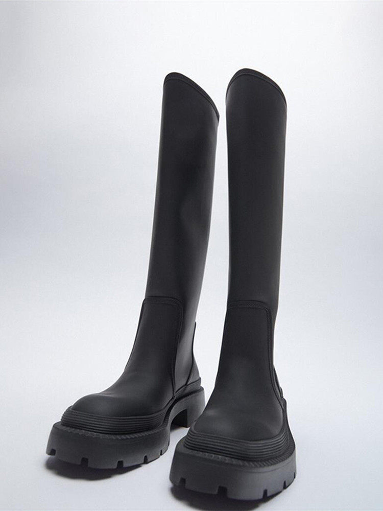 ZATRF Women's Shoes Black Rubber Feeling Flat Long High Boots 13001710040