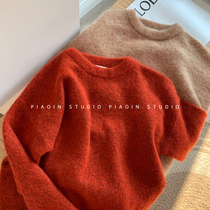 Orange round neck mohair sweater womens autumn and winter 2019 new loose pullover long sleeve all-match knitted bottoming shirt