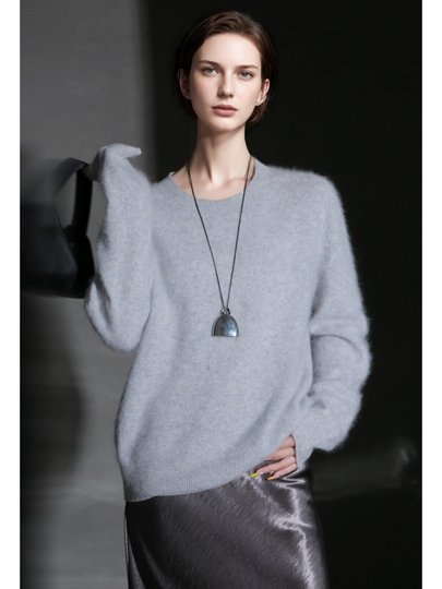 PIAOIN轻奢羊绒拉毛圆领无缝一体针织衫女欧美风宽松套头毛衣秋冬