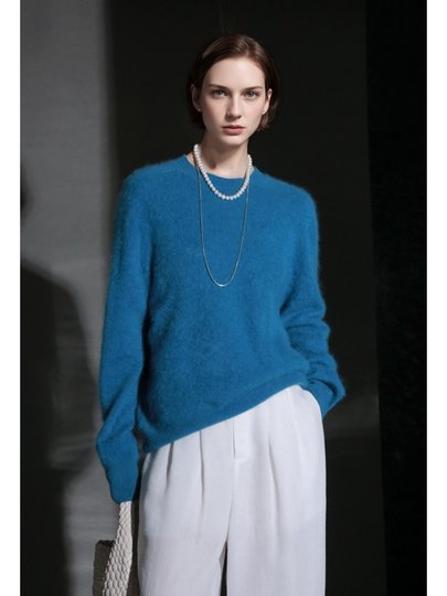 PIAOIN轻奢羊绒拉毛圆领无缝一体针织衫女欧美风宽松套头毛衣秋冬