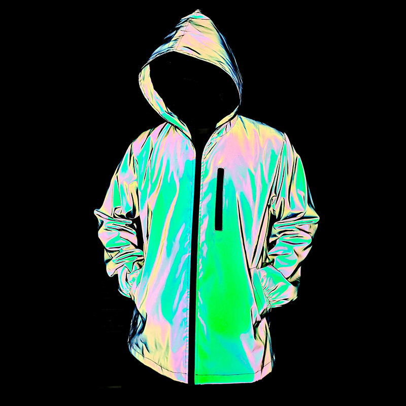 Outdoor Colorful Laser Reflective Jacket for Men, Windproof, Night Running, Cycling, Sports, Loose Hooded Jacket, Trendy Clothing