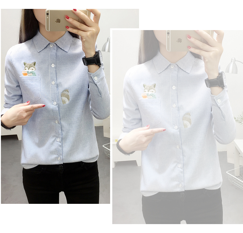 Áo dài tay 2018 cộng với áo nhung nữ thu đông Han Fan chạm đáy áo sọc cotton rộng rãi hoang dã áo gió dày những kiểu áo sơ mi đẹp dành cho người mập
