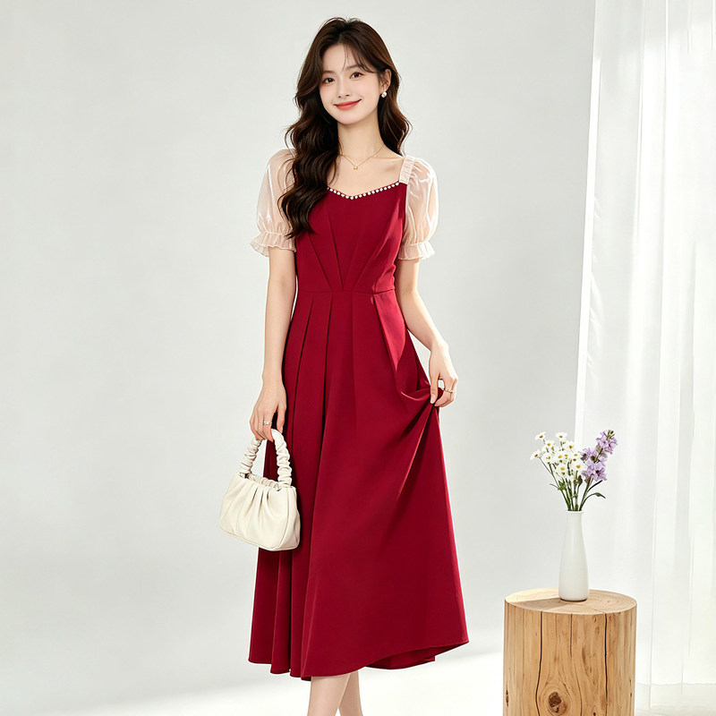 Shenzhen Nanyou Ny0A0489 French-Style Pearl-Decorated Dress with Puff Sleeves 6.20 Summer