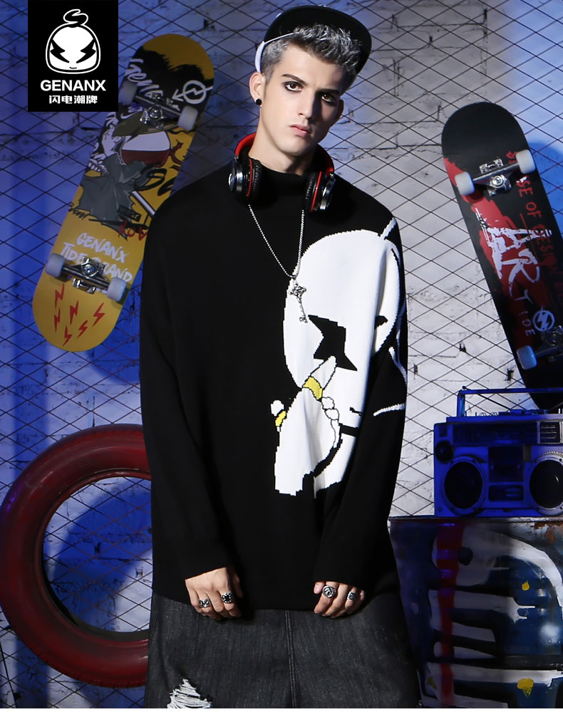 GENANX áo chống sét cao cổ áo len nam phiên bản Hàn Quốc của hip hop in thời trang mùa thu mới đồ đôi nam nữ