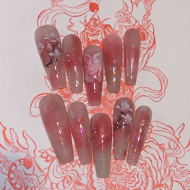 I Am a Mountain Spirit. "Until the Longing Is No Longer Beneficial, It Is Still Worth Feeling Melancholy, as It Is a Form of Wildness." Pink Jade Nine-Tailed Fox Nail Art