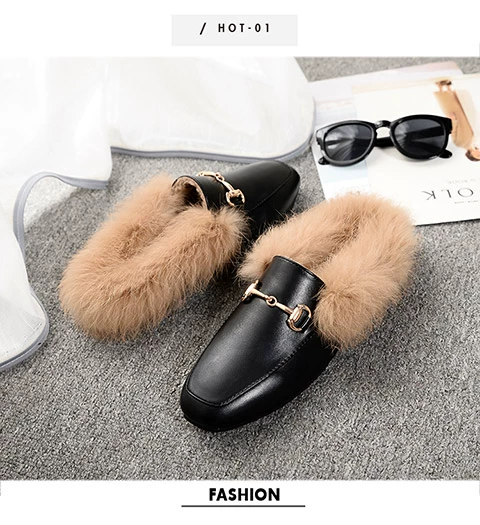 Dép lông thỏ nữ 2018 mới mặc cotton kéo ấm nửa kéo lười Giày lười Baotou Mueller lưới đỏ một bàn đạp