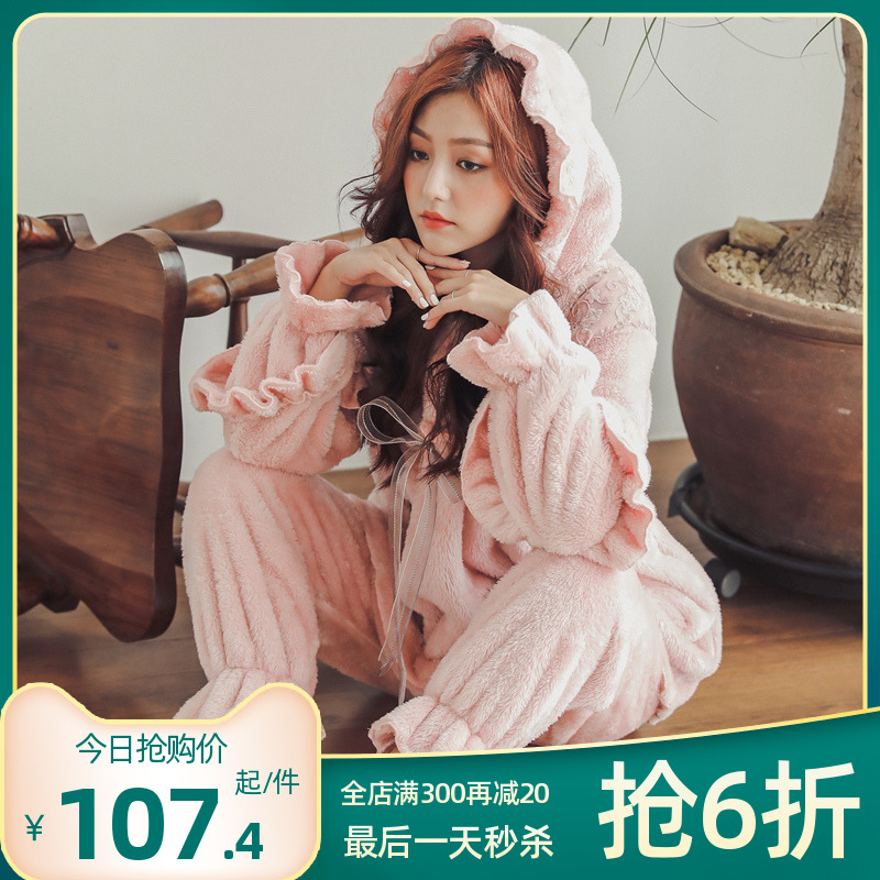 Confinement clothes pregnant women pajamas breastfeeding spring and autumn winter thick coral fleece long-sleeved large size maternity suits home clothes