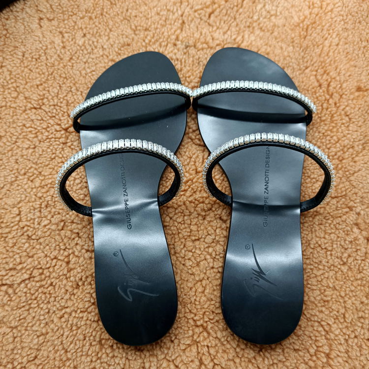 European and American 2025 Gz Spring/Summer New Flat Genuine Leather Rhinestone Buckle Sandals Women's Slippers Slide Sandals Women's Sandals