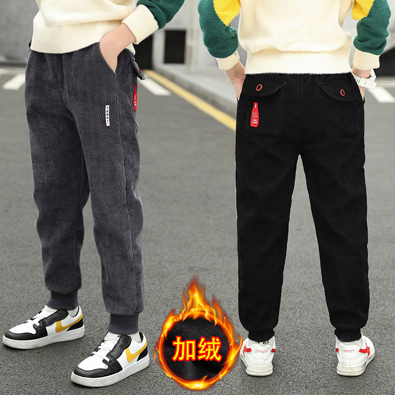 Kids Boys Plus Stuffed Pants One Piece Velvet 2021 New Fall Winter Mid-Winter Kids Winter Wear Kids Thick Casual Pants