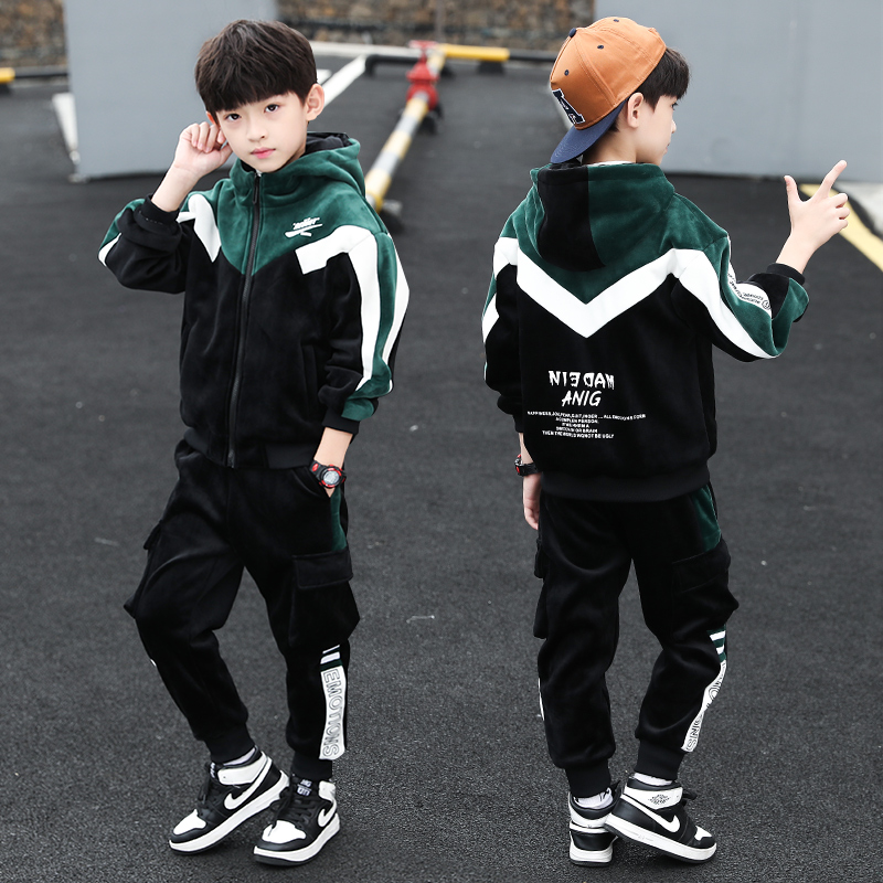 Boy Clothing Boy Gold Velvet Autumn Winter Clothing Sports Suit 2022 New Children Plus Suede Boy Foreign Sends Korean Version Boomer