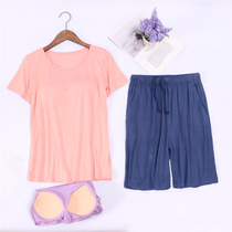 With chest cushion Charmodell female pyjamas short sleeves shorts free bra with BRA integrated home suit big code thin