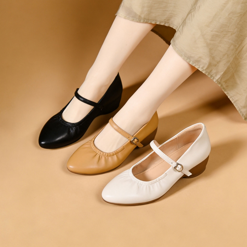 Spring New Genuine Leather Mary Jane Shoes for Women, Shallow Strap, Low Heel, Commuting Flats, Soft Sole, Comfortable Mom Shoes