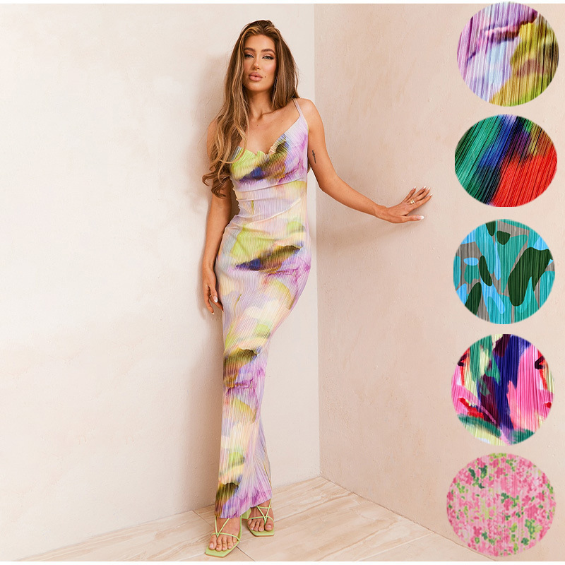 2023 European and American Cross-Border Russian Amazon Hot-Selling Printed Pleated Slim-Fit Slimming Spaghetti Strap Dress Hy009