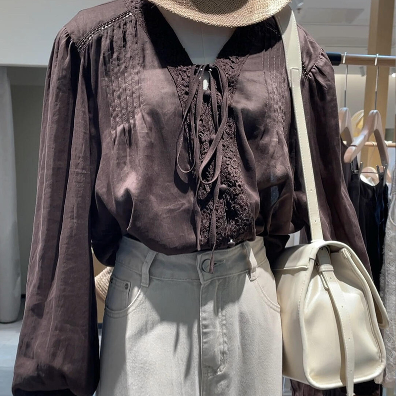 Sun! Chocolate Brown Heavy Embroidery Lantern Sleeve Shirt for Women 2026 Early Autumn Vintage Design Commuter Top Sun! Chocolate Brown Heavy Embroidery Lantern Sleeve Shirt for Women 2026 Early Autumn Vintage Design Commuter Top