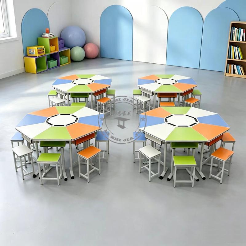 Kindergarten Training Multi-Functional Combination Set of Color-Blocked Octagonal and Hexagonal Adjustable School Classroom Desks and Chairs
