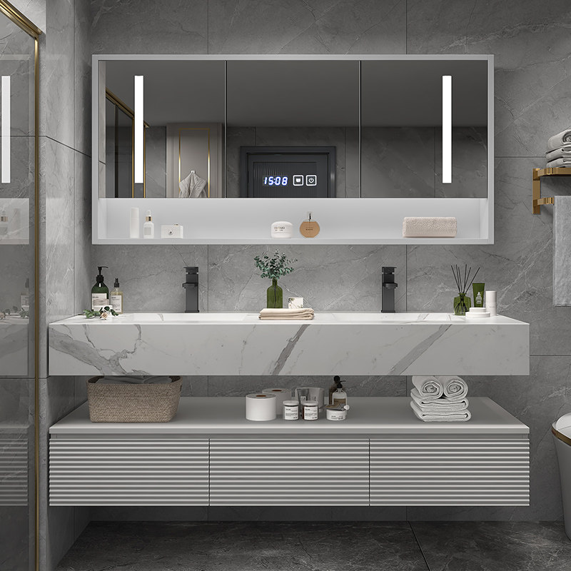 Rock plate bathroom cabinet combination Pink Oak powder room simple modern face wash sink custom smart mirror cabinet