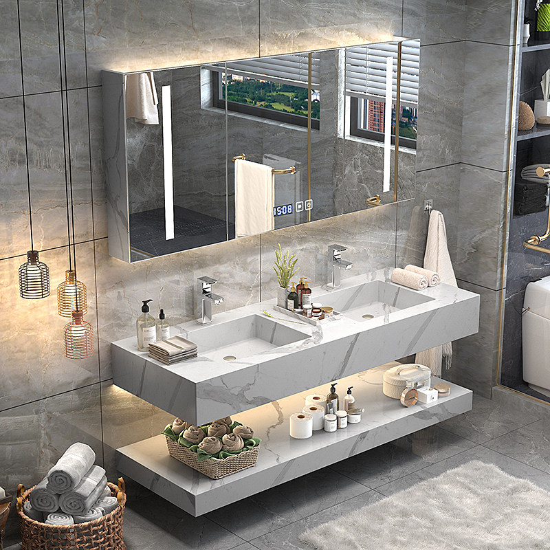 Stone slab integrated basin light luxury bathroom cabinet combination modern hand pool smart wash face double sink washbasin powder room washbasin customization