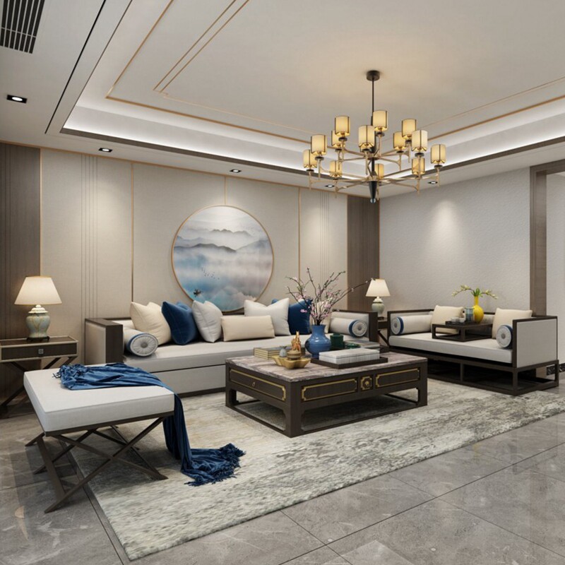 New Chinese Fabric Sofa Combination Modern Chinese Solid Wood China Wind Living Room Small Family Style Zen Zeni Furniture