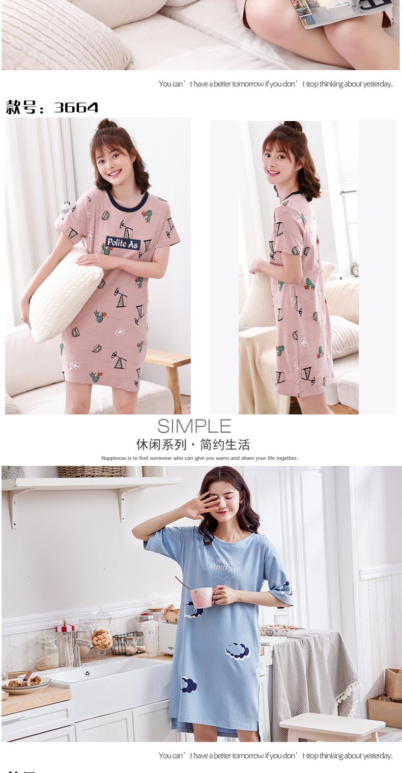 Mùa hè cotton ngắn tay của phụ nữ nightdress đồ ngủ cotton dài váy giản dị dễ thương cartoon ladies của phụ nữ dịch vụ nhà phần mỏng