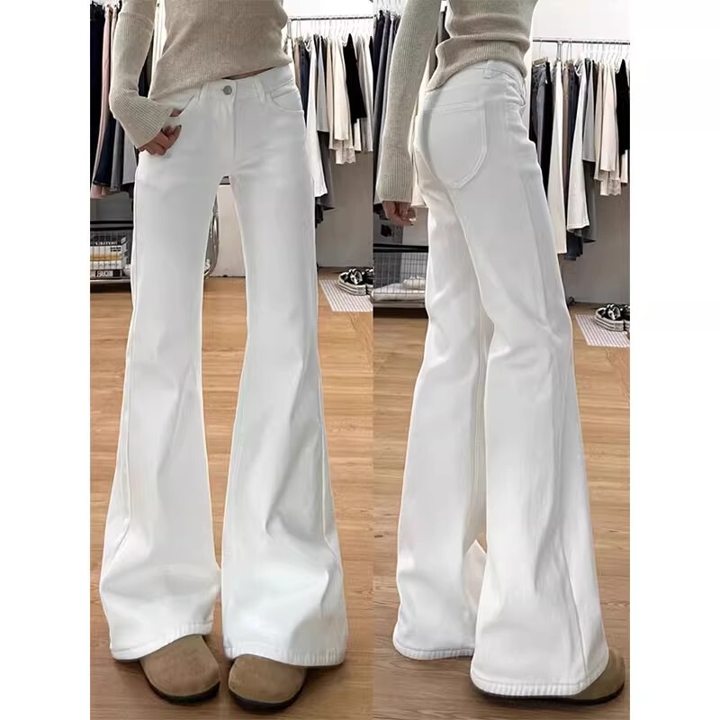 American Style Bootcut Jeans for Women, Spring and Autumn, Plus Size, White, High-Waisted, Loose, Versatile, Horse Hoof Pants