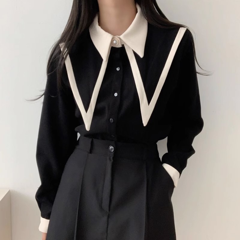 Color-blocked pointed collar single-breasted plus-size loose-fitting versatile puff sleeve shirt for women in spring and autumn