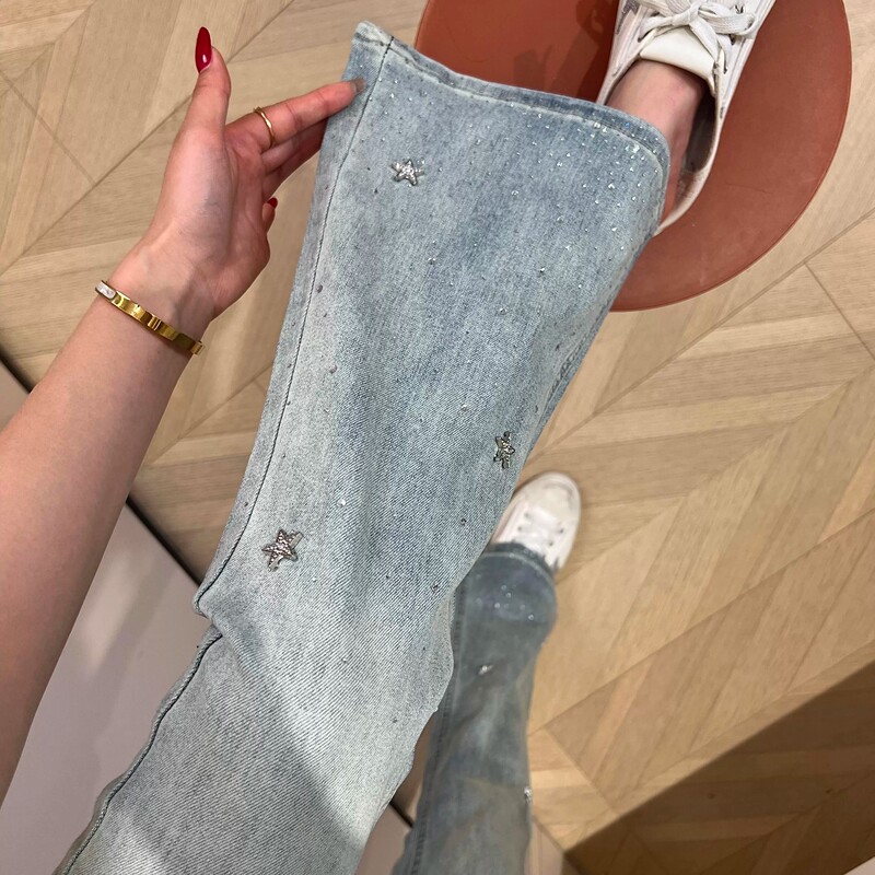 Fashion Star-Studded Flared Jeans for Summer, Plus Size, High-Waisted, Slimming, with Rhinestones, Bootcut Pants Fashion Star-Studded Flared Jeans for Summer, Plus Size, High-Waisted, Slimming, with Rhinestones, Bootcut Pants