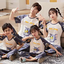 Parent-child pajamas for boys and girls summer short-sleeved trousers for a family of three and four pure cotton pajamas cotton air-conditioned home service
