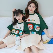 Summer girls nightdress pure cotton parent-child pajamas mother and daughter short-sleeved thin section childrens clothing girl princess middle-aged and older childrens home clothes