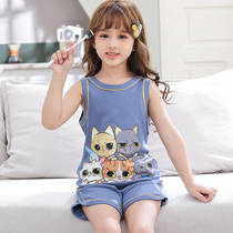 Childrens pajamas summer pure cotton thin camisole shorts medium and big girls cute super cute home service suit summer