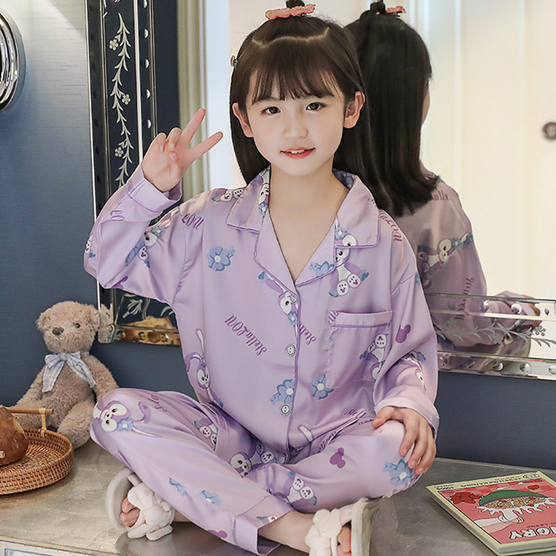 Children's pajamas thin long sleeves spring and autumn girls princess ice silk home clothes girls cute super cute set air conditioning suits