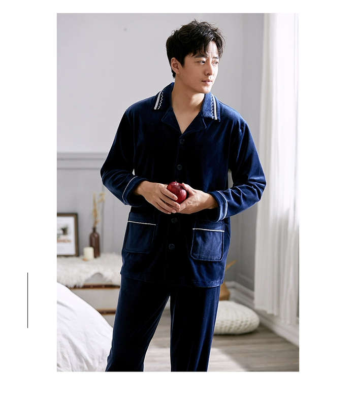 Nuodun Nam Pyjamas Fall / Winter Coral Fleece Dài tay Island Fleece Winter Dày cộng với Fleece Home Nội thất ấm áp - Cha mẹ và con