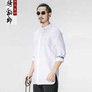 骑豹郎男士长袖衬衫休闲修身衣服ins潮纯棉印花寸衫男装白色衬衣