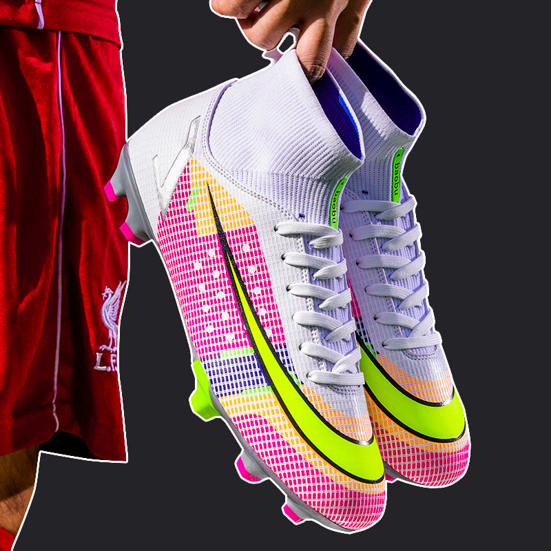 Four seasons leather high tube men's football shoes non-slip sports shoes youth long nails TF professional training football shoes