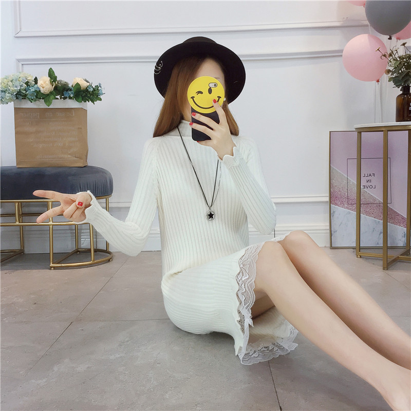 Áo len mùa thu đông của phụ nữ đứng đầu trong phần dài cộng với nhung dày nửa cổ cao đan đáy áo ren bên hông áo len mỏng áo thu đông nữ