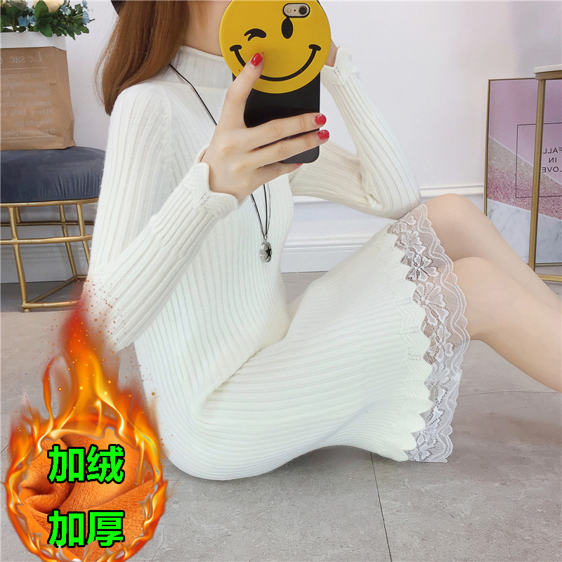Áo len mùa thu đông của phụ nữ đứng đầu trong phần dài cộng với nhung dày nửa cổ cao đan đáy áo ren bên hông áo len mỏng áo thu đông nữ