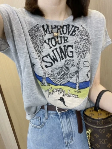 Летняя тонкая трикотажная дизайнерская футболка, короткий рукав, тренд сезона, в западном стиле