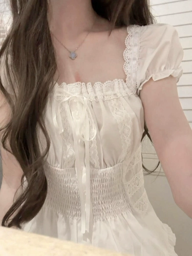 Белая летняя кружевная приталенная рубашка, рукава фонарики, французский стиль