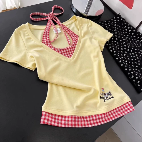 Желтый комплект, летняя приталенная футболка, сексуальная короткая сумка, подходит для подростков