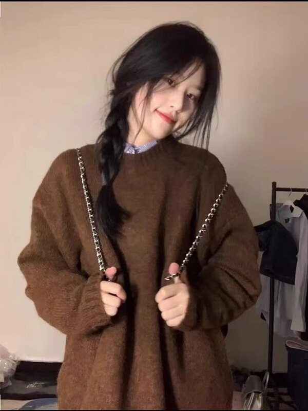 Brown Sweater for Women, 2026 New Style, Lazy Style, Soft and Loose, Autumn and Winter Pullover, Retro Japanese Style Knitted Top, Thick