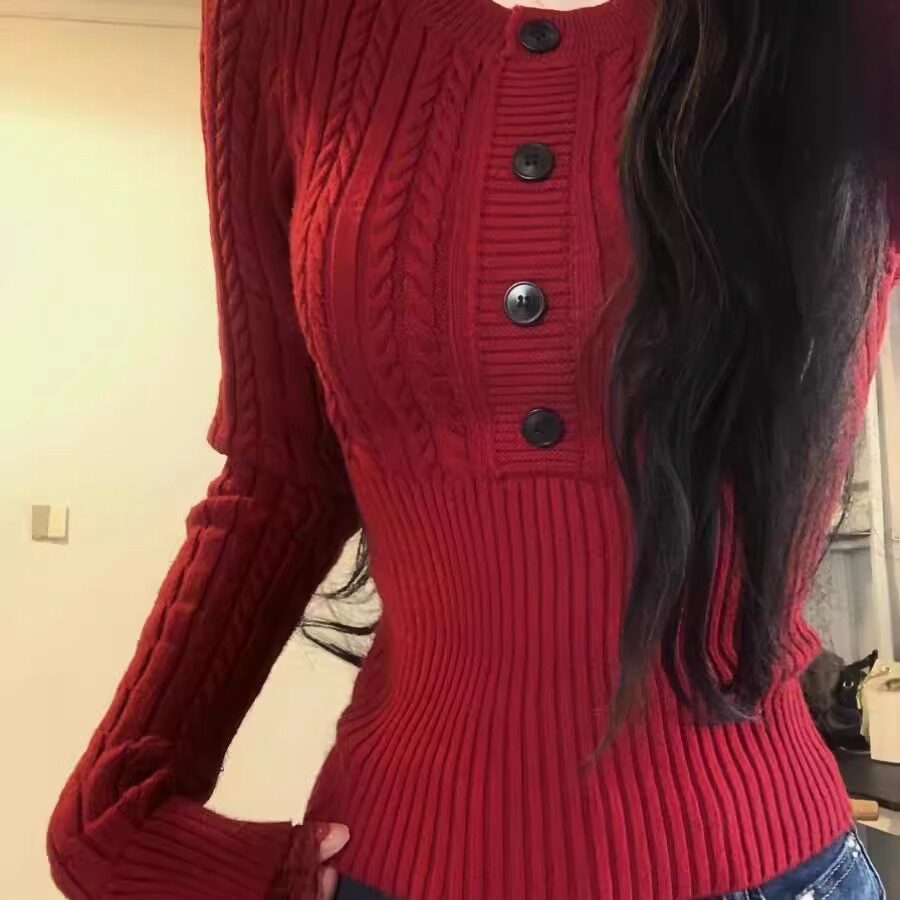Корейский модный женский приталенный твист-свитер twist New Year red, женский осенне-зимний свитер высокого класса с внутренним низом, топ